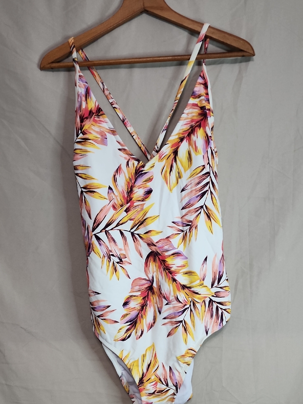 Kona Sol White One-Piece Swimsuit with Yellow & Pink Leaf Print